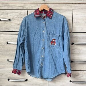 American Blues Grandmacore blue denim button-up shirt S with cheerful details